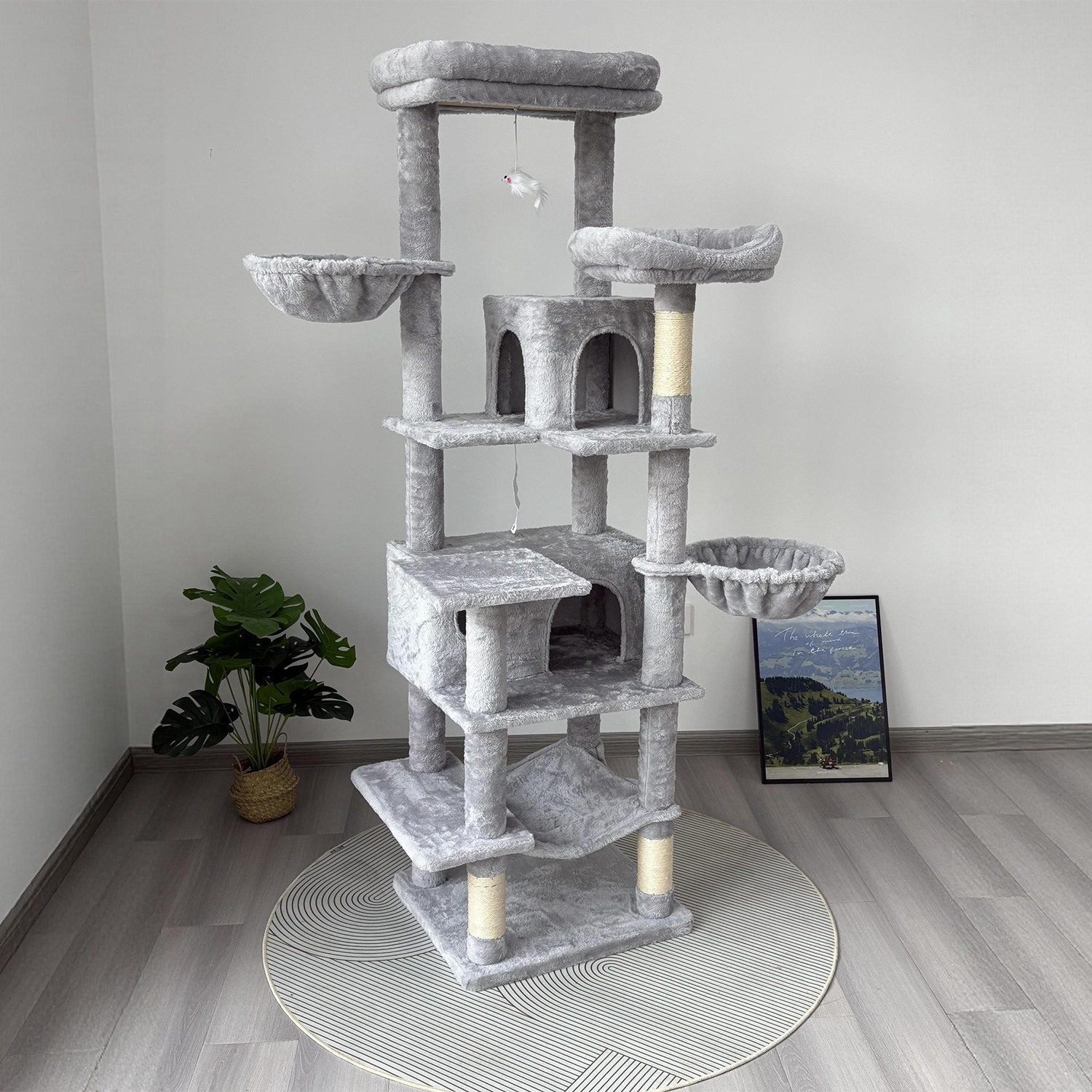 68in Multi-Level Cat Tree Tower with Hammocks, Cat Condo, Hanging Basket, Removable Cushions & Sisal Scratching Posts, Plush Cat Activity Center for I - Image 9