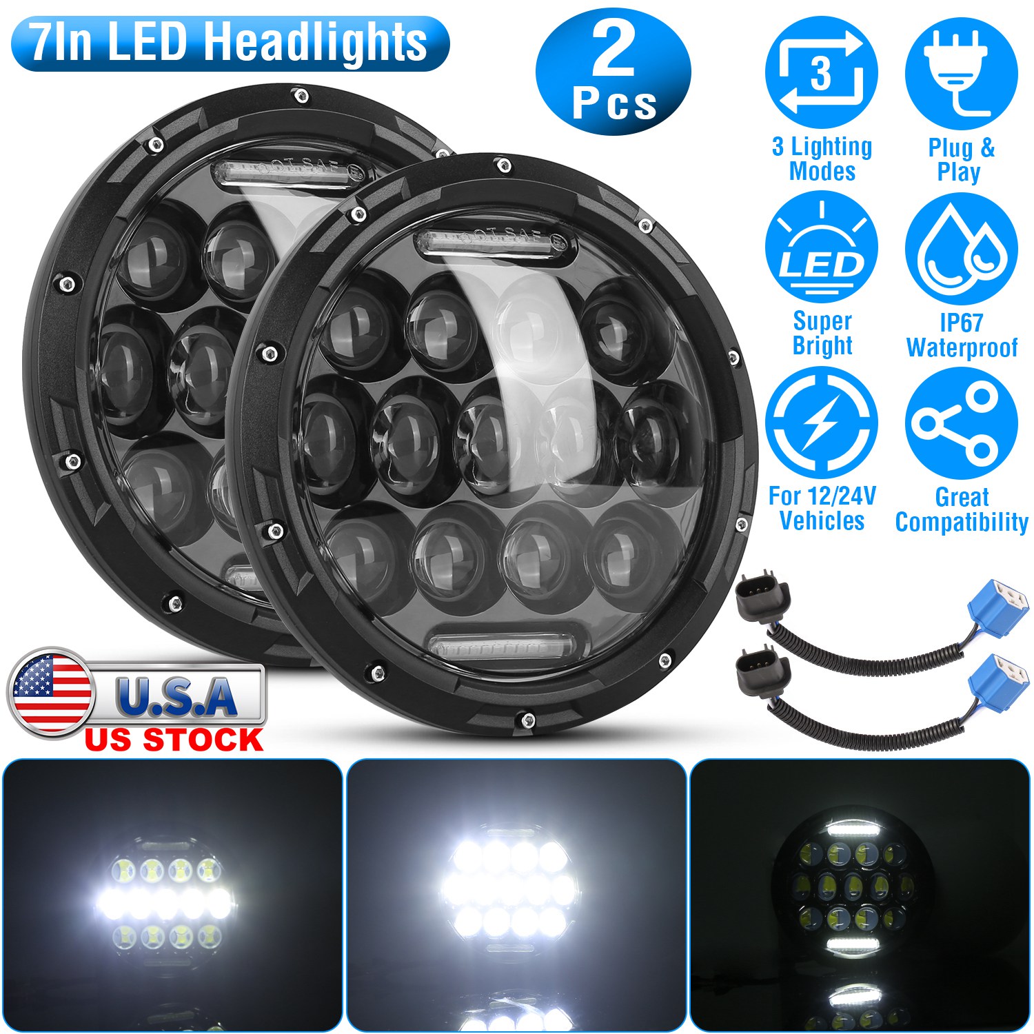 2Pcs 7In 75W Round LED Headlight 3800LM Halo Car Headlamp with DRL High Low Beam for Jeep Wrangler TJ JK CJ with H4 to H13 Adapters Plug and Play - Image 7