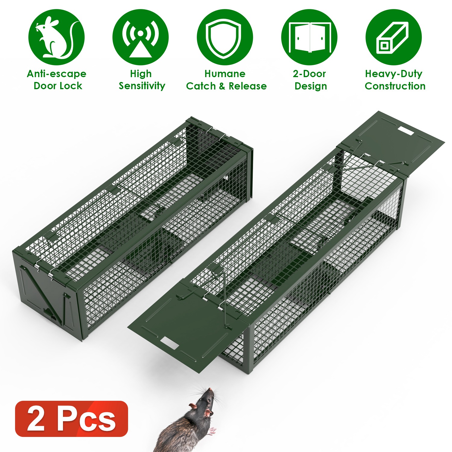 2Pack 15.35x4.72x3.94in 2-Door Humane Live Rat Trap Galvanized Iron Rodent Trap Cage Reusable for Home Garden Farm Warehouse - Image 8