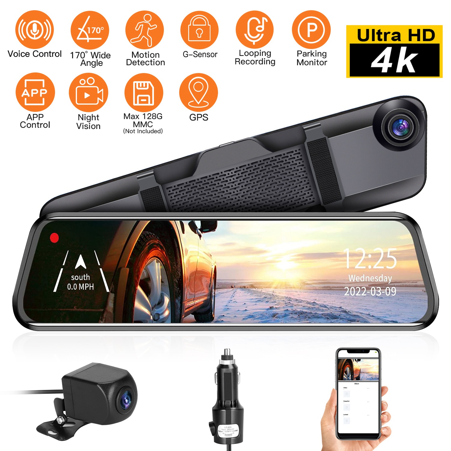 4K Car DVR 12in Dash Cam Camcorder Camera Recorder with 170° Angle Loop Recording Motion Detection Night Vision Voice Control APP Control G-sensor - Image 4