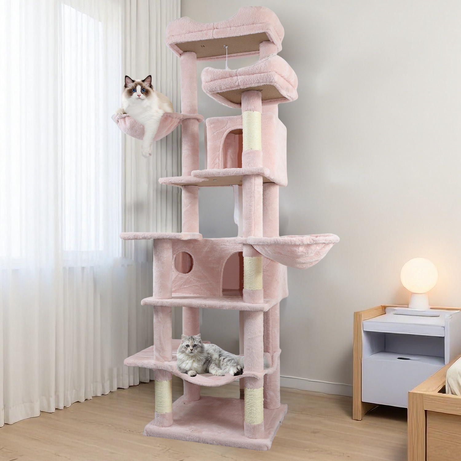 68in Multi-Level Cat Tree Tower with Hammocks, Cat Condo, Hanging Basket, Removable Cushions & Sisal Scratching Posts, Plush Cat Activity Center for I - Image 5