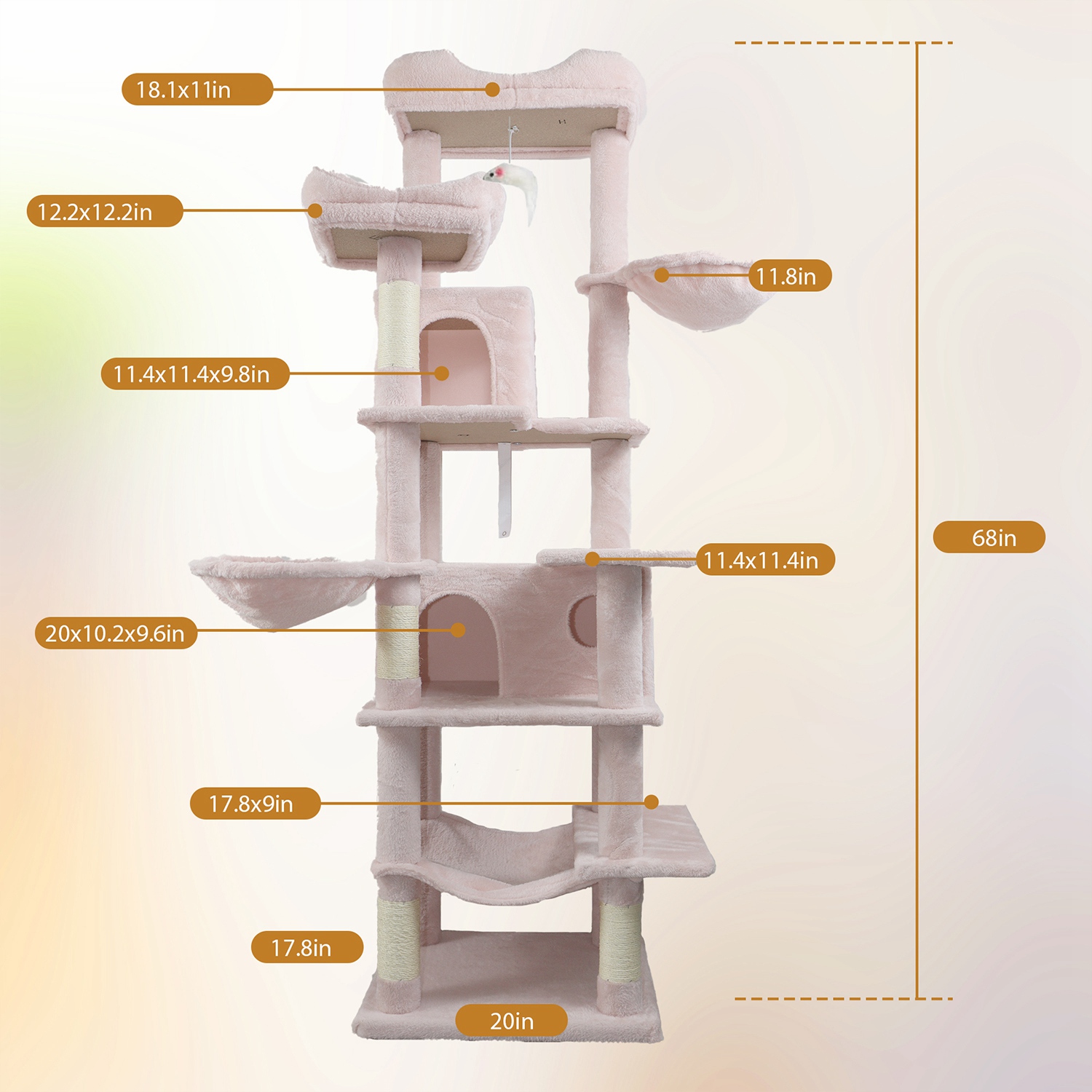 68in Multi-Level Cat Tree Tower with Hammocks, Cat Condo, Hanging Basket, Removable Cushions & Sisal Scratching Posts, Plush Cat Activity Center for I - Image 7