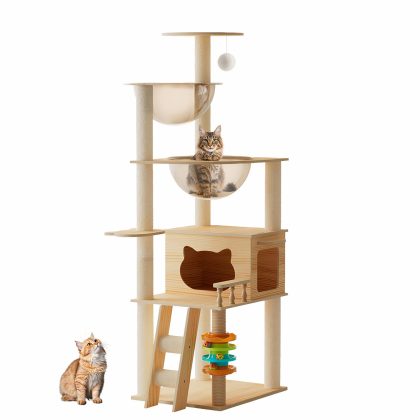 59" Modern Cat Tower for Indoor Cats Wooden Cat Tree with Dual Acrylic Capsules Cat Condo Sisal Scratching Posts Top Perch & Auxiliary Stairs Multi-Le