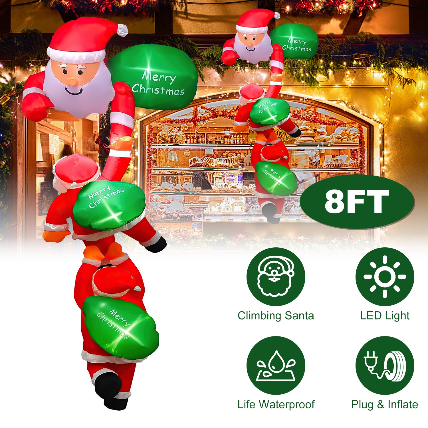 8FT Climbing Inflatable Santa Claus with Light Hanging Blow Up Christmas Inflatable Indoor Outdoor Christmas Decorations 3 Santa Claus 3 Merry Christm - Image 5