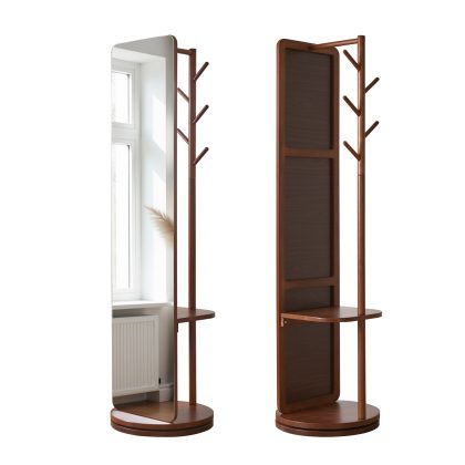 68.9" Full Length Rotating Standing Mirror with Coat Rack, Solid Rubberwood Floor Mirror with Hooks & Storage Shelf, Walnut Freestanding Mirror for Be