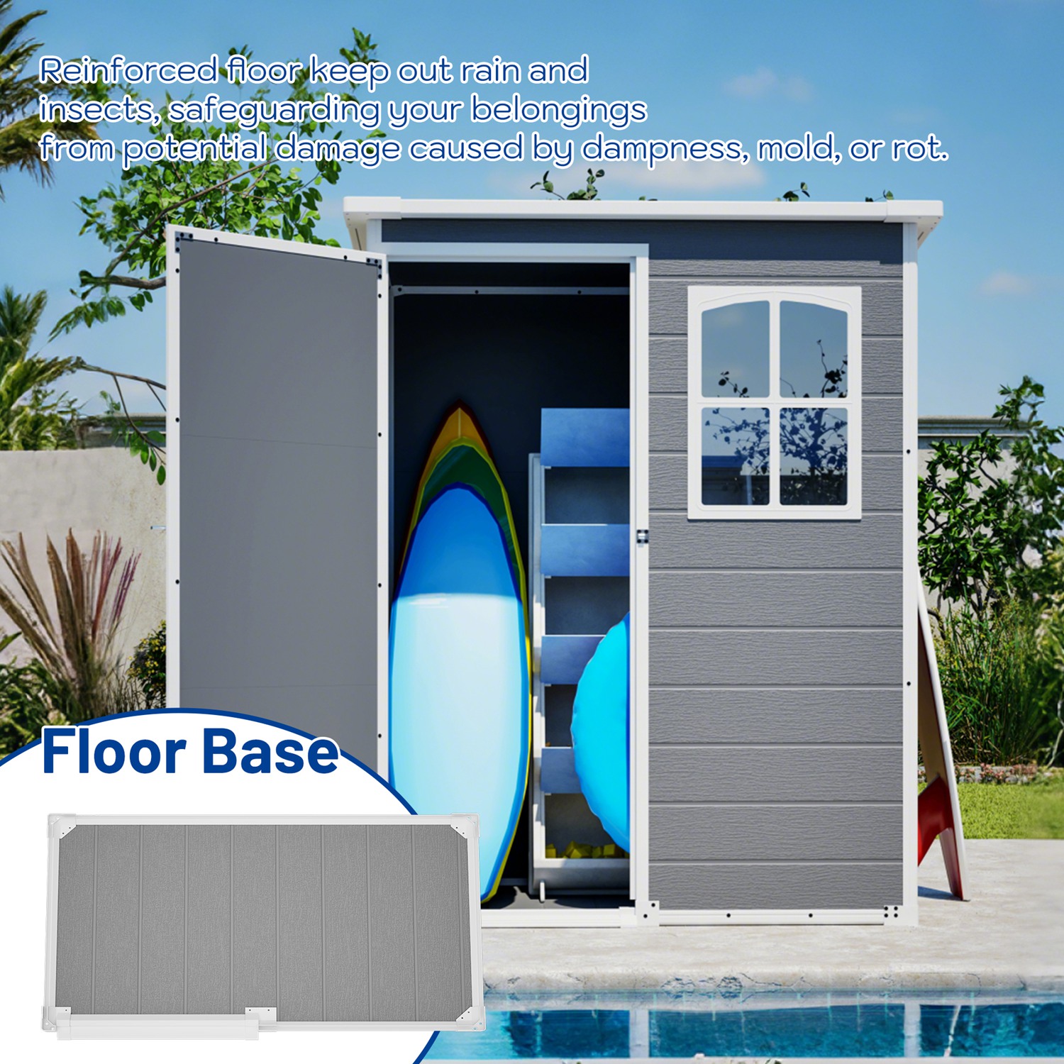 5x3FT Resin Outdoor Storage Shed with Floor Lockable Garden Shed with Window Sloped Roof Weather-Resistant Tool Shed for Garden Tools, Pet House and B - Image 10