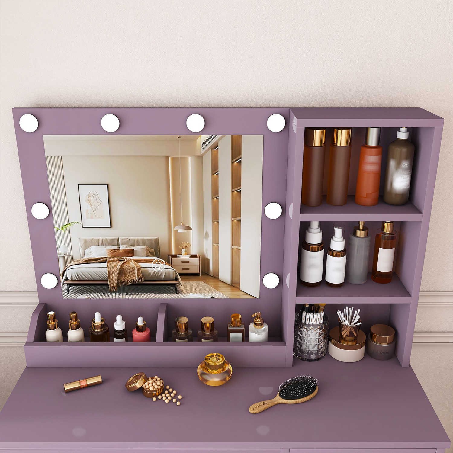Purple Vanity Desk Set with Lighted Mirror & Padded Stool, Modern Makeup Vanity with 3 Color Modes & Round Bulbs, Bedroom Dressing Table Combo - Image 8