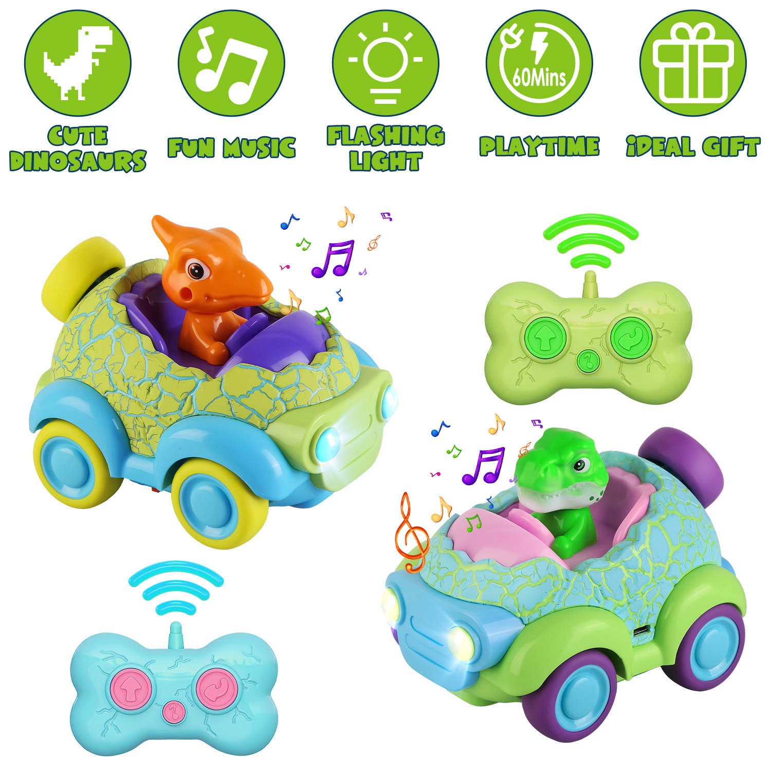 2Pack Dinosaur Remote Control Cars for Toddlers Rechargeable RC Cars with Light Music Birthday Gift For Boys Girls Aged 3 4 5 6 Years Old - Image 2