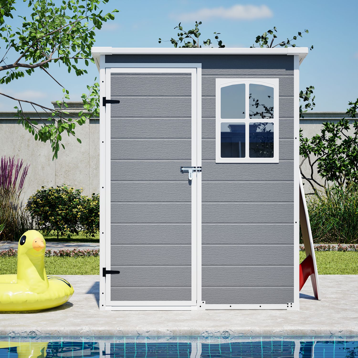 5x3FT Resin Outdoor Storage Shed with Floor Lockable Garden Shed with Window Sloped Roof Weather-Resistant Tool Shed for Garden Tools, Pet House and B - Image 6