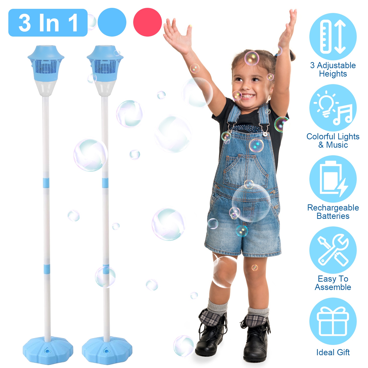 2Pack 3 In 1 Standing Bubble Machines with Colorful Lights and Music Rechargeable Bubble Maker Stands with 2 Modes 3 Adjustable Height for Party Weddi - Image 7