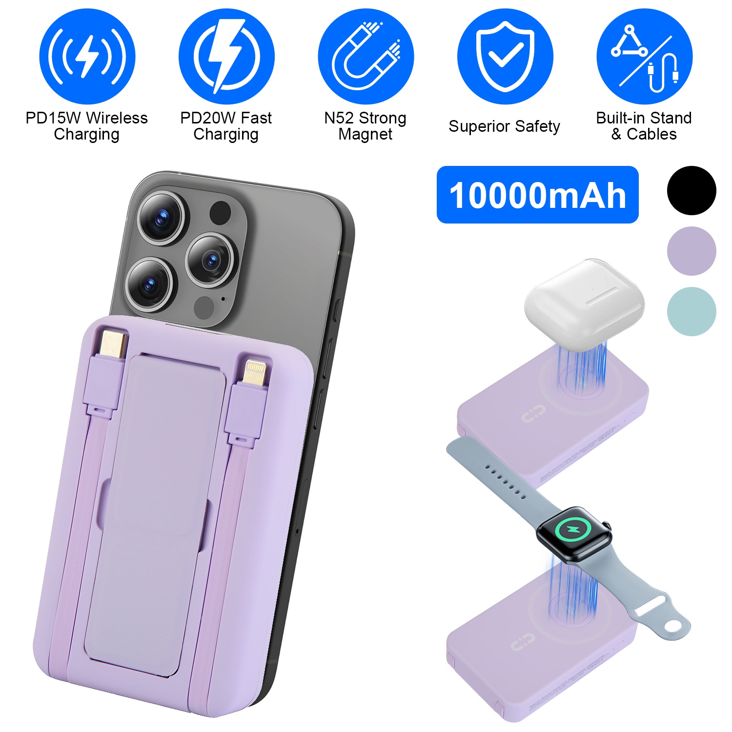 3 In 1 10000mAh MagSafe Fast Charging Power Bank PD20W Portable Charger with 2 Built In Cables Stand Fit for IOS Phone 16 15 13 Series And More - Image 7