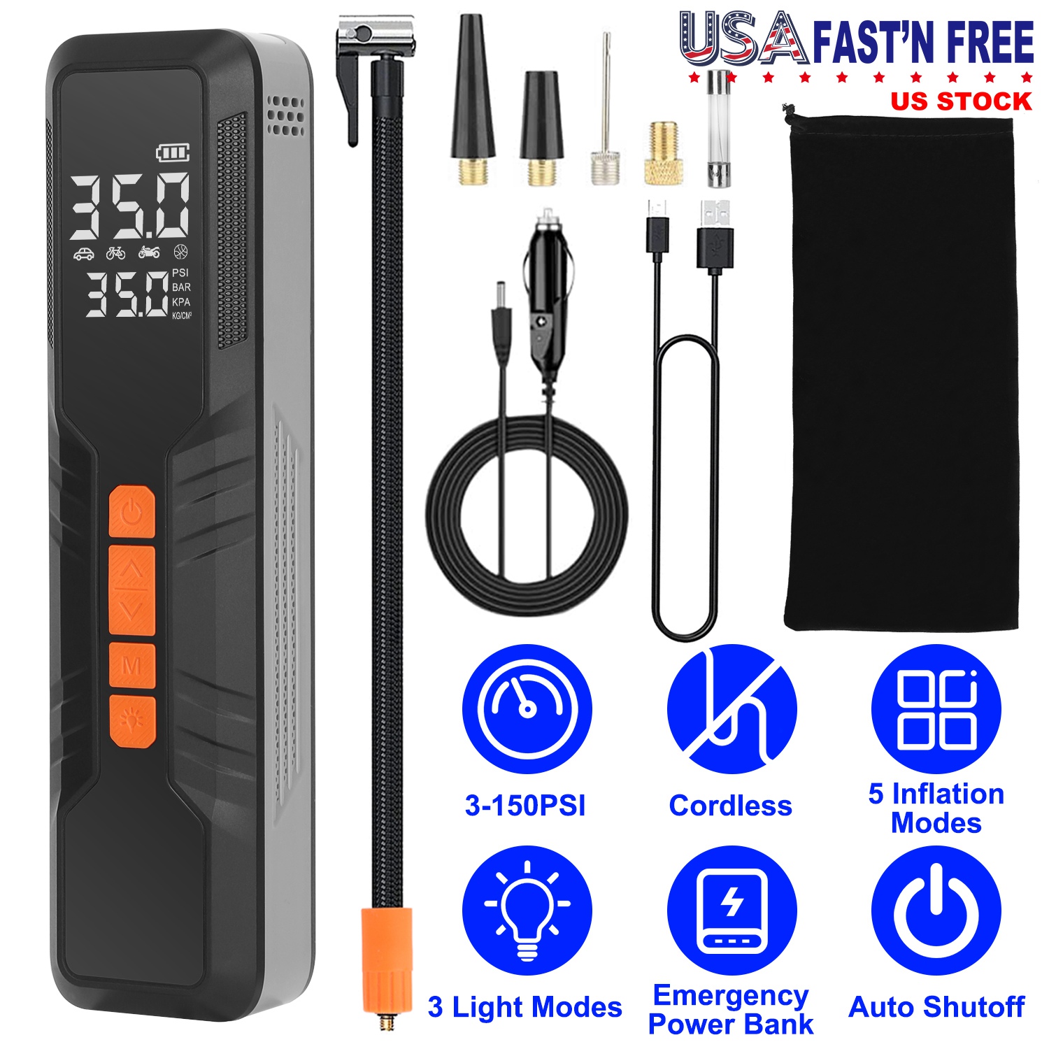 150PSI Portable Tire Inflator Cordless Digital Air Compressor Compact Air Pump with 5 Inflation Modes 3 Light Modes Emergency Power Bank - Image 6