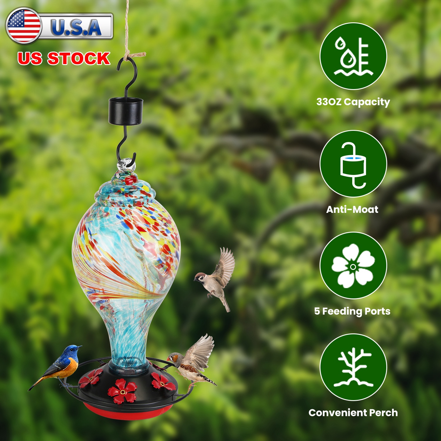 Glass Hummingbird Feeder 33OZ Hand Blown Hummingbird Feeder with 5 Flower Feeding Port Perch Ant Moat Hanging Hook S Hook Hemp Rope Cleaning Brush for - Image 9