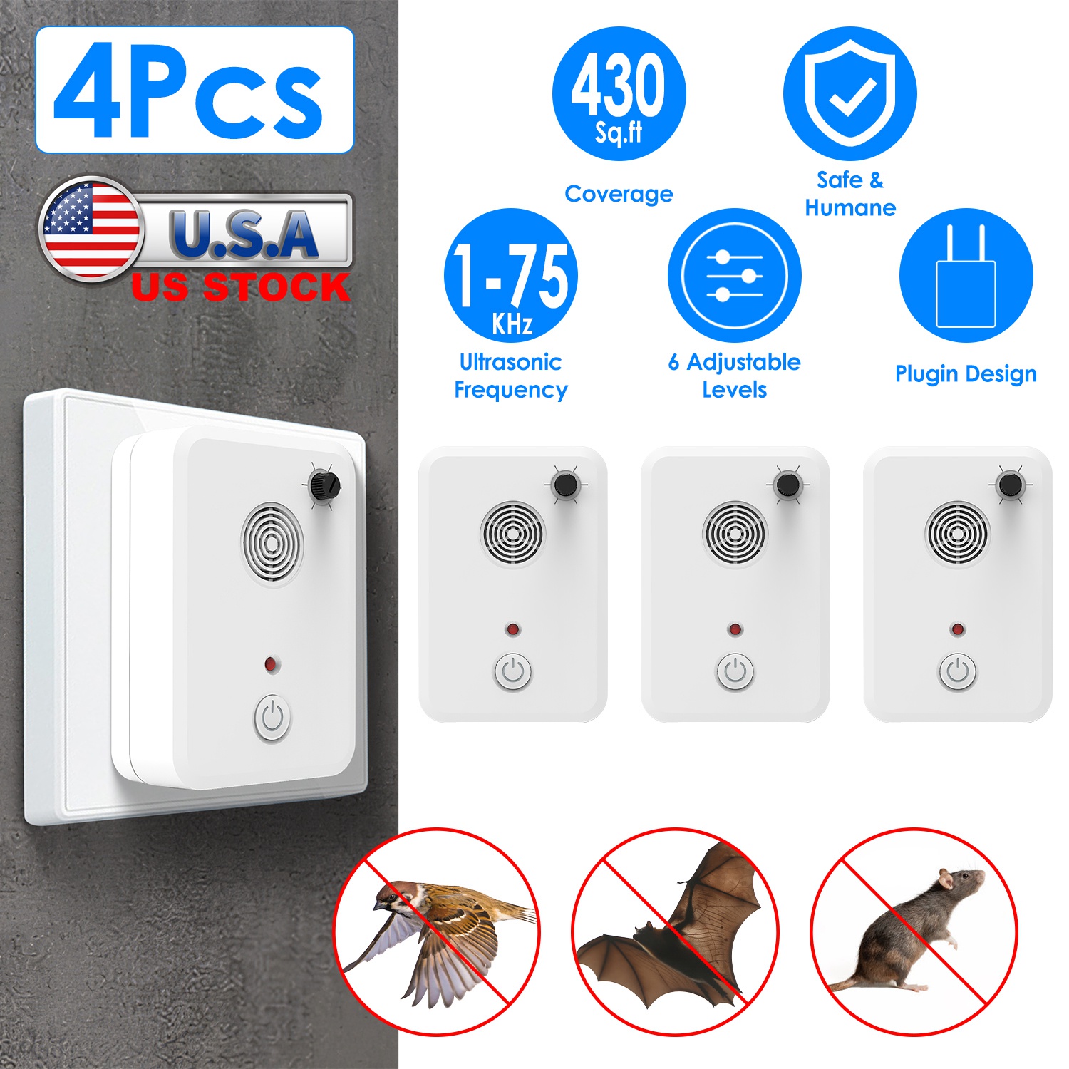 4Pack Plug In Ultrasonic Bat Repellent Indoor Bird Mouse Deterrent Device with 6 Adjustable Levels for Attic Garage Kitchen Warehouse - Image 5