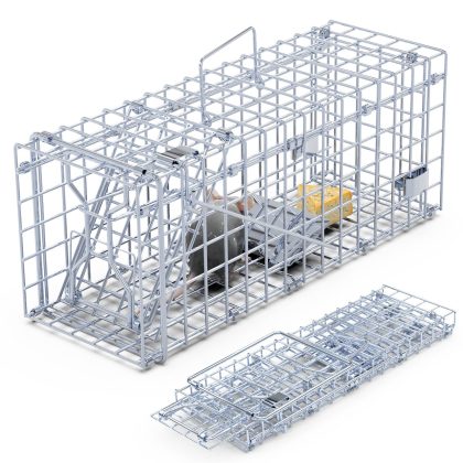 2Pcs Foldable Rat Trap Cage Humane Live Rodent Trap Cage Galvanized Iron Mice Mouse Control Bait Catch with Detachable L Shaped Rod For Kitchen Garden