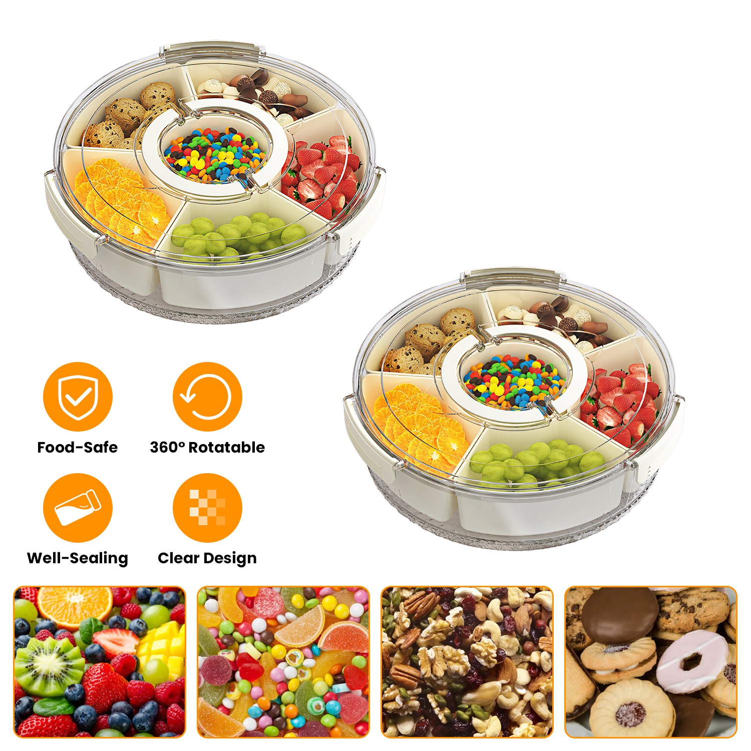 2Pcs Divided Serving Tray with Lid and Handle 360° Rotatable Snack Box Container with 6 Dividers Clear Portable Snack Platters for Fruit Candy Nut Sna - Image 7