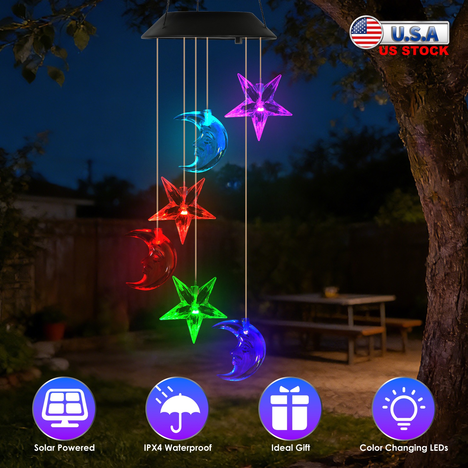 2Pack Solar Moon and Star Wind Chimes 7 Color Changing Wind Chimes for Outside IPX4 Waterproof Outdoor Garden Yard Decor - Image 4