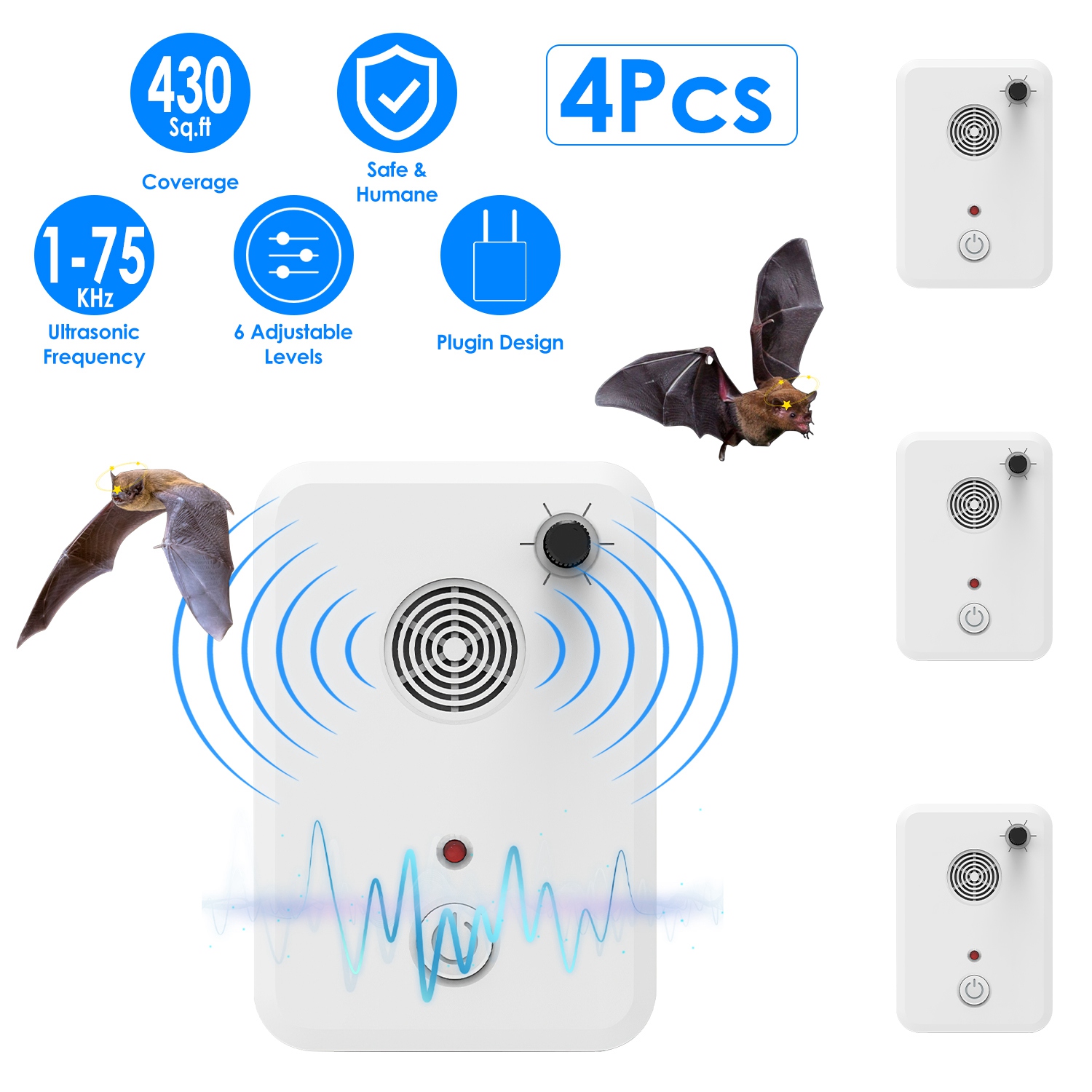 4Pack Plug In Ultrasonic Bat Repellent Indoor Bird Mouse Deterrent Device with 6 Adjustable Levels for Attic Garage Kitchen Warehouse - Image 2