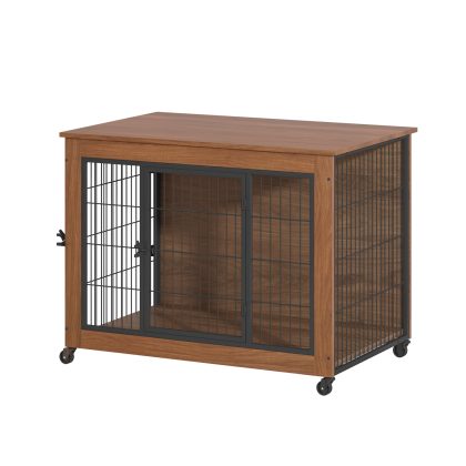 38.6" Dog Crate Furniture with Lockable Wheels Heavy Duty Wooden Dog Kennel with 2 Doors Steel Metal Pet Cage End Table Brown Indoor Dog House for Med