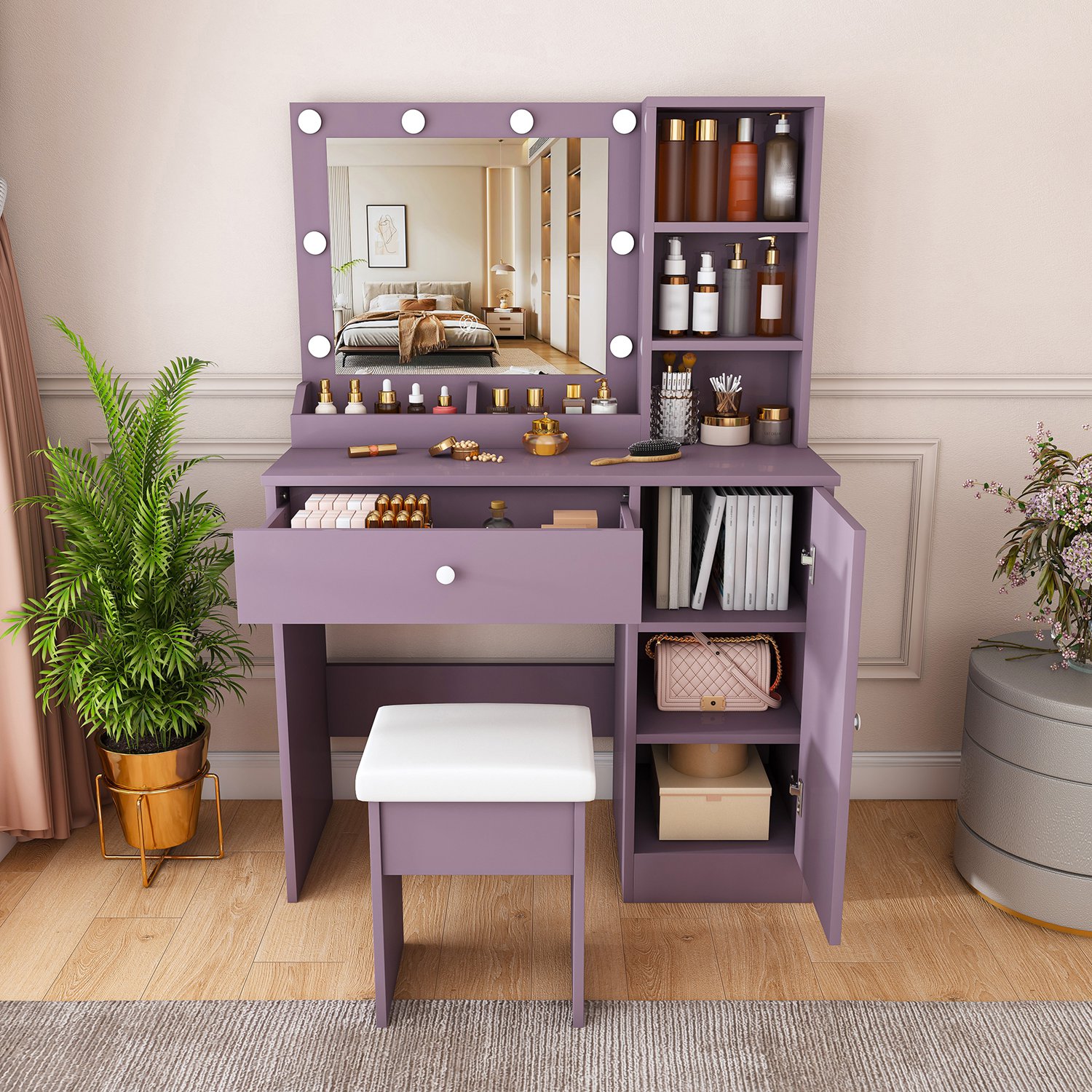 Purple Vanity Desk Set with Lighted Mirror & Padded Stool, Modern Makeup Vanity with 3 Color Modes & Round Bulbs, Bedroom Dressing Table Combo - Image 7