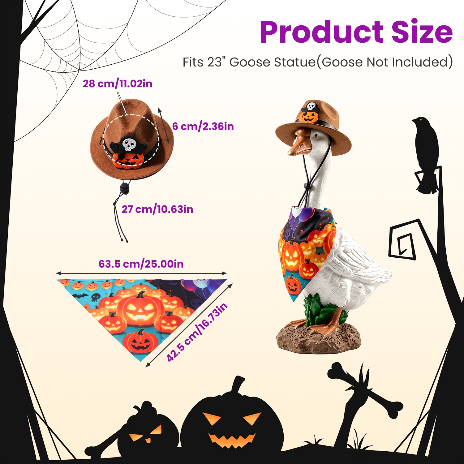Porch Goose Halloween Costume for 23" Goose Statue Pumpkin Bandana & Cowboy Hat Halloween Yard Decor - Image 2