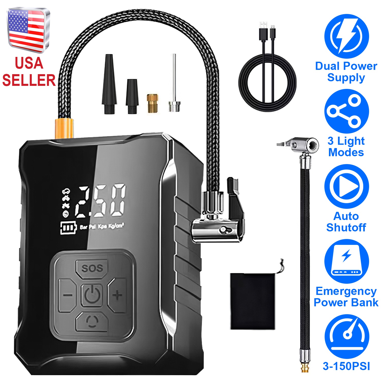 150PSI Cordless Tire Inflator Digital Air Compressor with LED Light Emergency Power Bank for Cars Motorcycles Bicycles Balls - Image 6