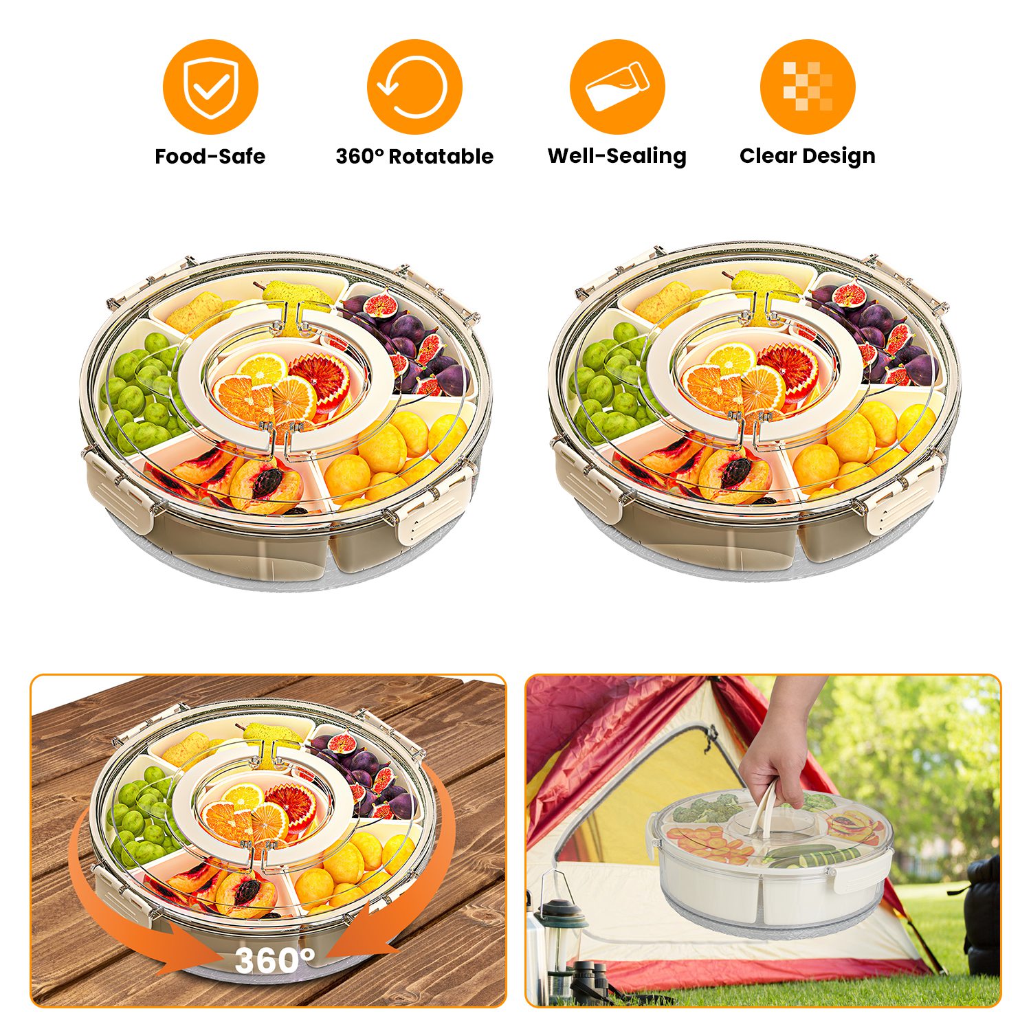 2Pcs Divided Serving Tray with Lid and Handle 360° Rotatable Snack Box Container with 6 Dividers Clear Portable Snack Platters for Fruit Candy Nut Sna - Image 8