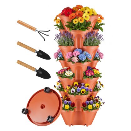 7 Tier Stackable Vertical Planter with Wheels Strawberry Planter Tower Space Saving Garden Planter with Drainage System Rolling Herb Flower Vegetable