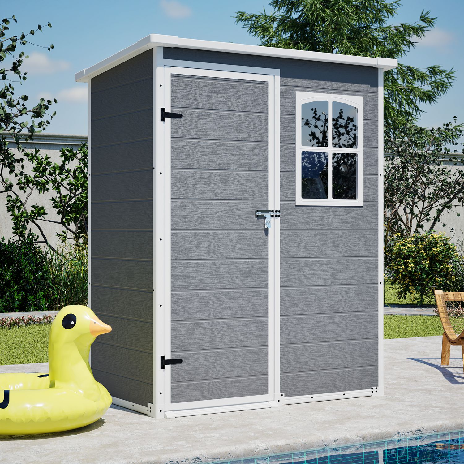 5x3FT Resin Outdoor Storage Shed with Floor Lockable Garden Shed with Window Sloped Roof Weather-Resistant Tool Shed for Garden Tools, Pet House and B - Image 5