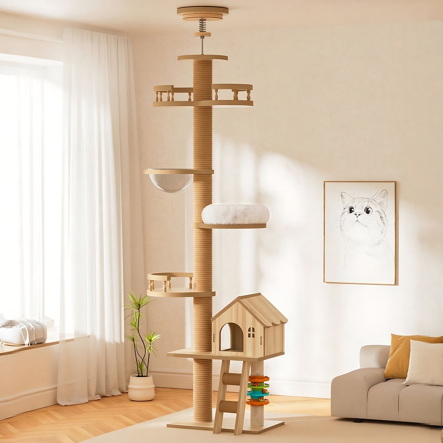Floor to Ceiling Cat Tree, Adjustable Height Wooden Cat Tower with Cat Condo, Acrylic Hammock, Sisal Scratching Post & Cat Toy, Natural Floor-to-Ceili - Image 3