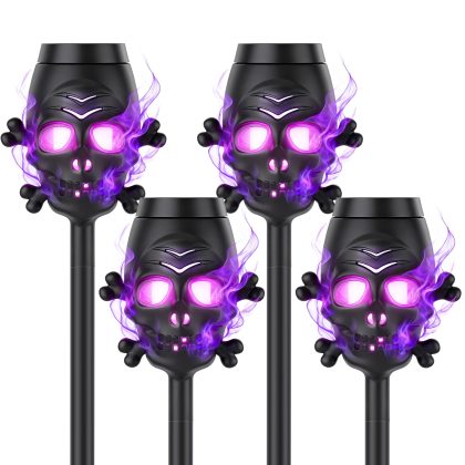 4 Packs Solar Skull Torch Lights Halloween Decorations Purple Flame Effect Solar Pathway Lights with 3D Skull Design IP44 Waterproof Stake Lights for