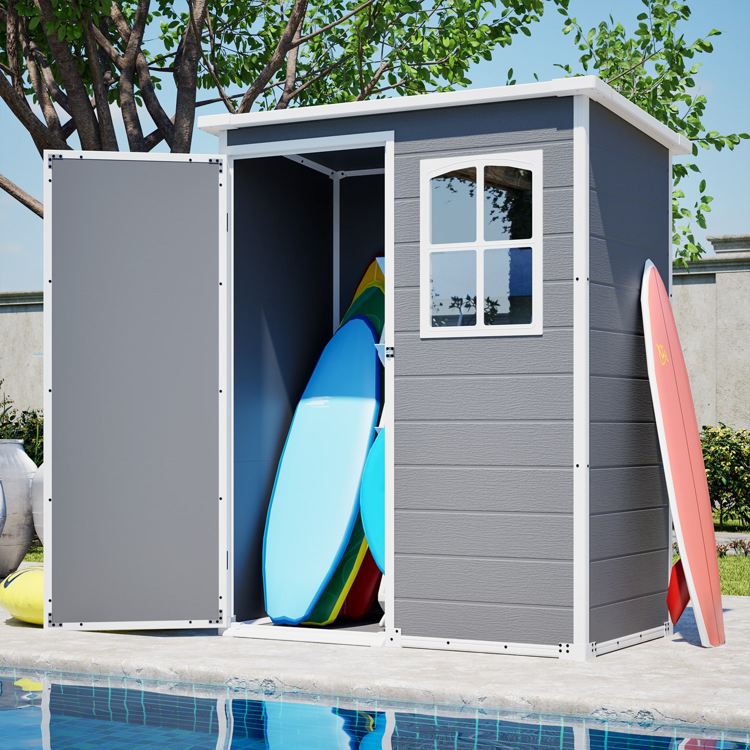 5x3FT Resin Outdoor Storage Shed with Floor Lockable Garden Shed with Window Sloped Roof Weather-Resistant Tool Shed for Garden Tools, Pet House and B - Image 8
