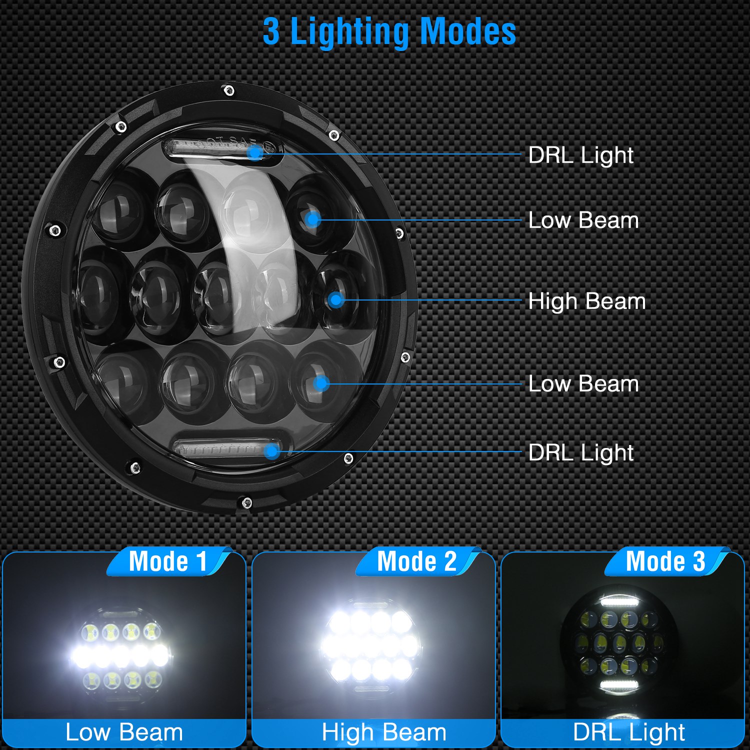 2Pcs 7In 75W Round LED Headlight 3800LM Halo Car Headlamp with DRL High Low Beam for Jeep Wrangler TJ JK CJ with H4 to H13 Adapters Plug and Play - Image 8