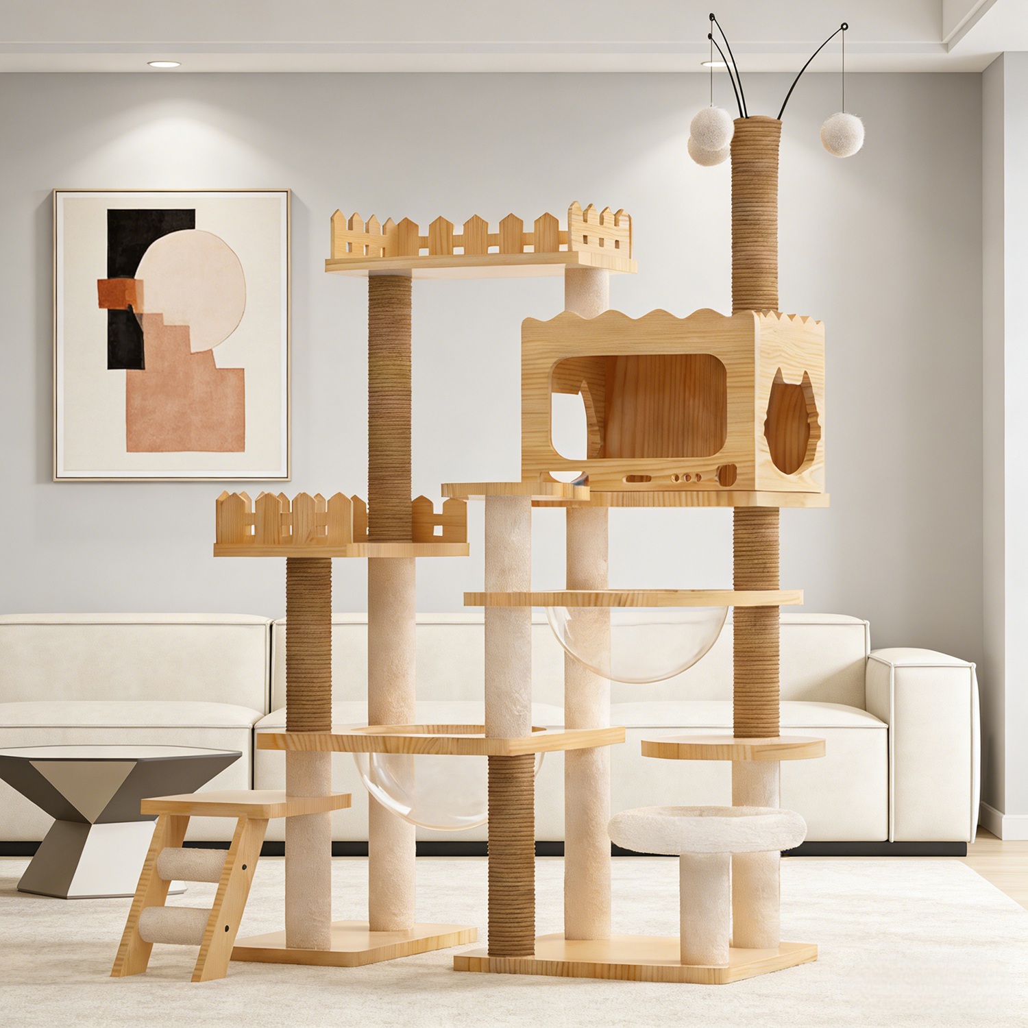 66.9" Modern Cat Tree Tower Wooden Cat Condo with 1 Cat House 2 Acrylic Capsule Sisal Scratching Posts Soft Bed Hanging Toys Multi-Level 33LBS Max Loa - Image 6