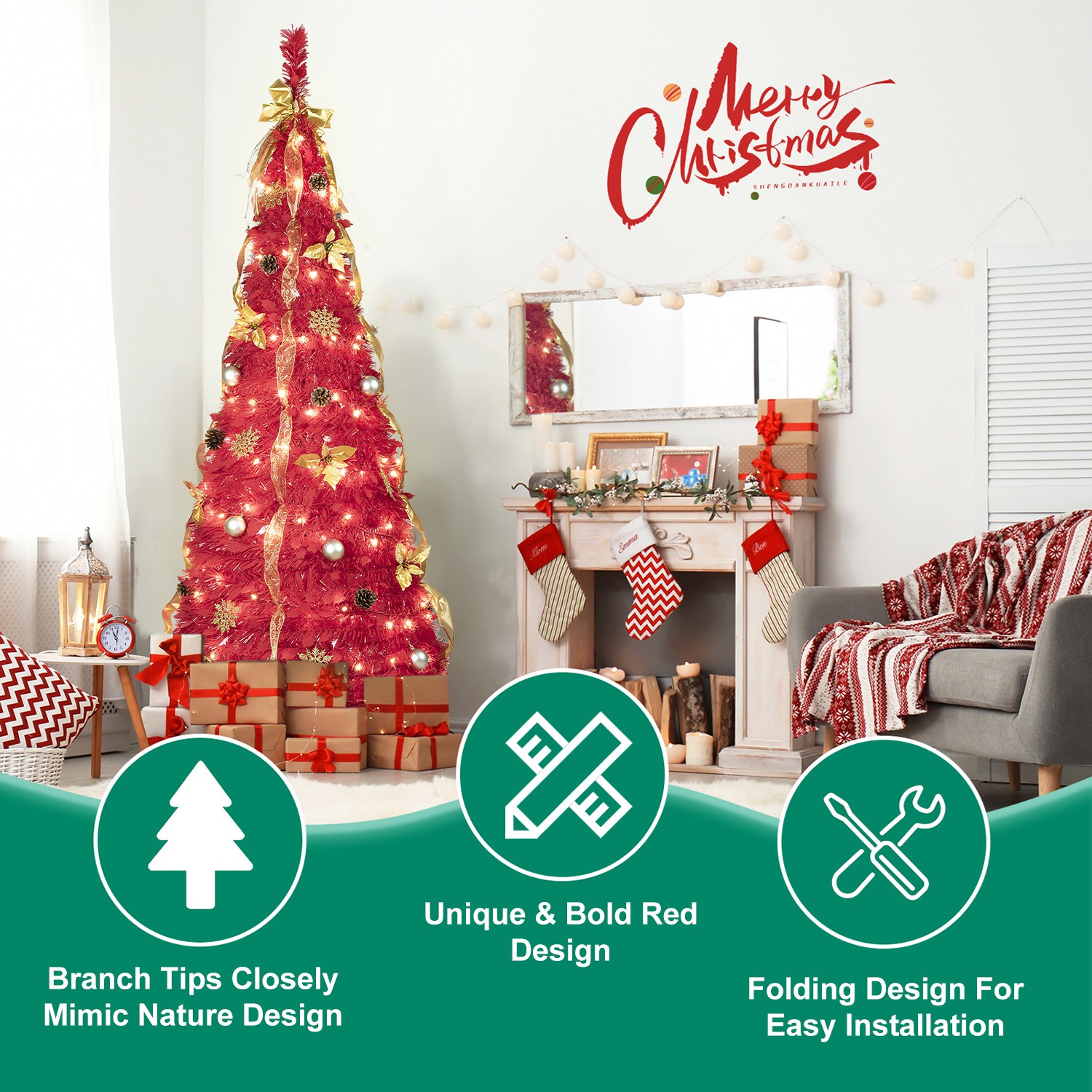 6FT Red Pre-Lit Pop-Up Christmas Tree with 150 Warm White LED Ribbons Bow Flowers Snowflakes Pine Cones Red Ornaments Collapsible Artificial Christmas - Image 5