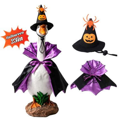 Porch Goose Halloween Costume for 23" Goose Statue Purple Black Stand Collar Cape & Pumpkin Spider Wizard Hat Halloween Yard Decor