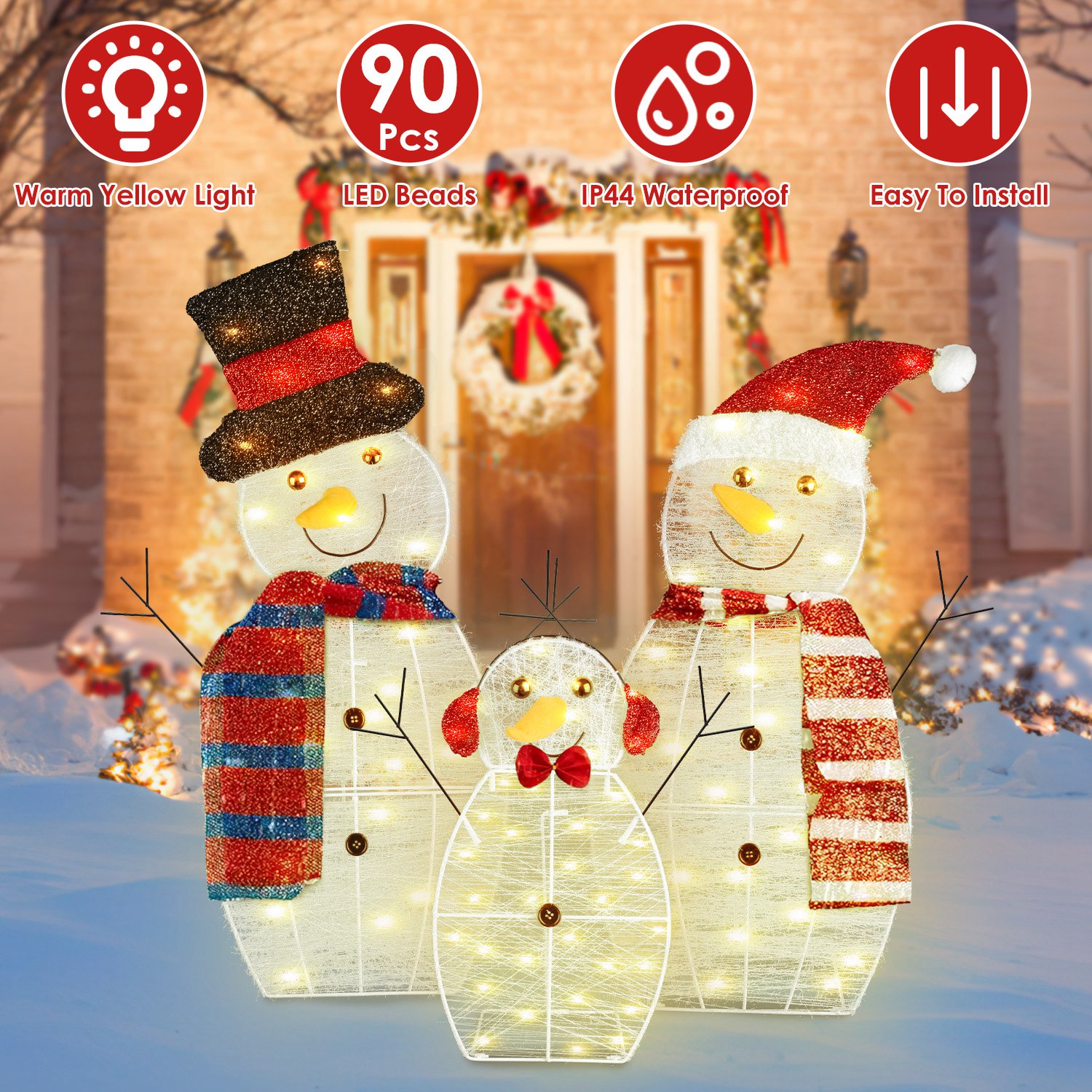 3Pcs 2D Christmas Snowman Yard Decoration Snowman Family Outdoor Decoration With 90Pcs LED Warm Yellow Lights 8 Lighting Modes IP44 Waterproof For Chr - Image 4