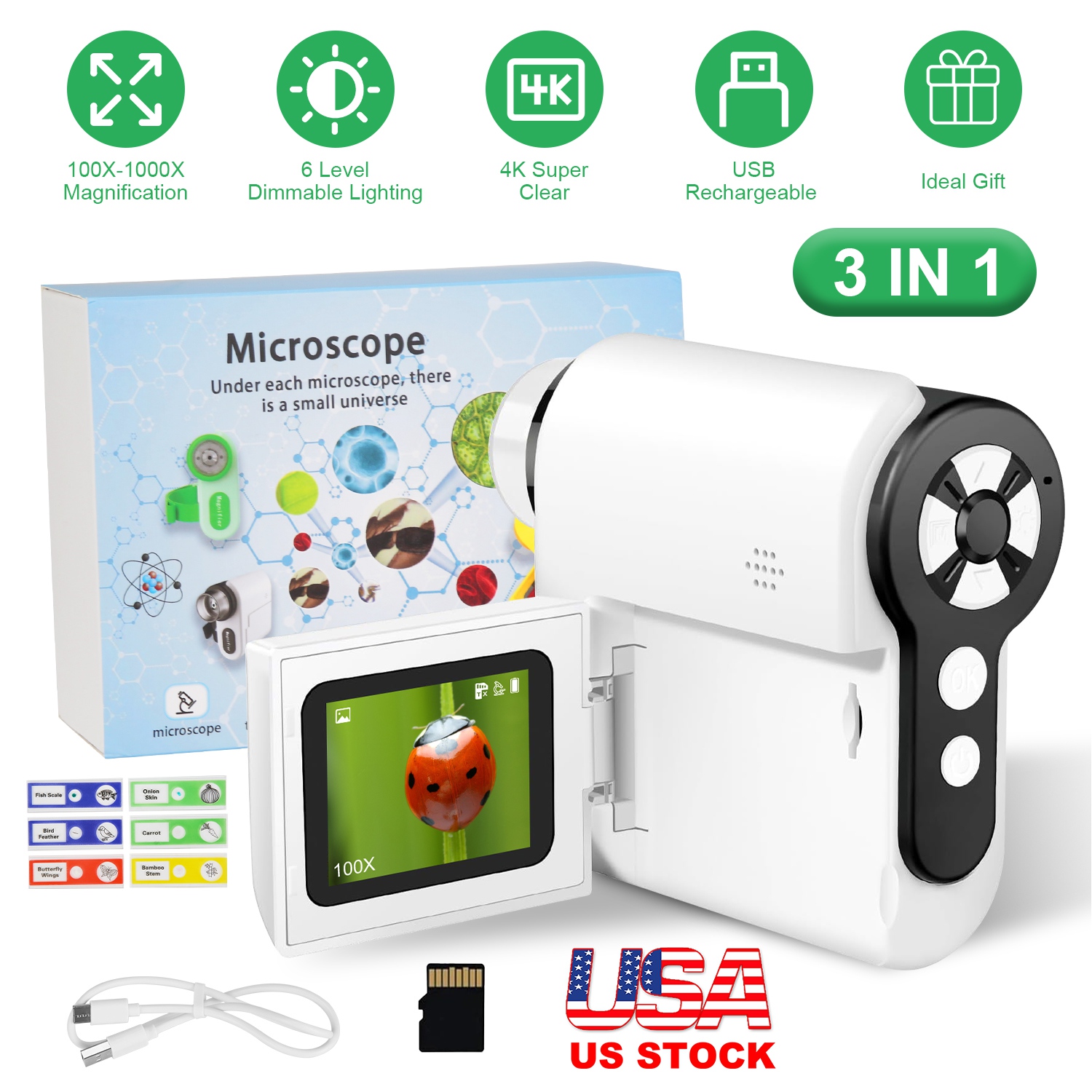 3 In 1 1000X Kids’ Microscope Telescope Camera Handheld USB Mini Microscope with LED Light 6 Sample Slides 32G MMC Card for Boys Girls Aged 6+ Years O - Image 5
