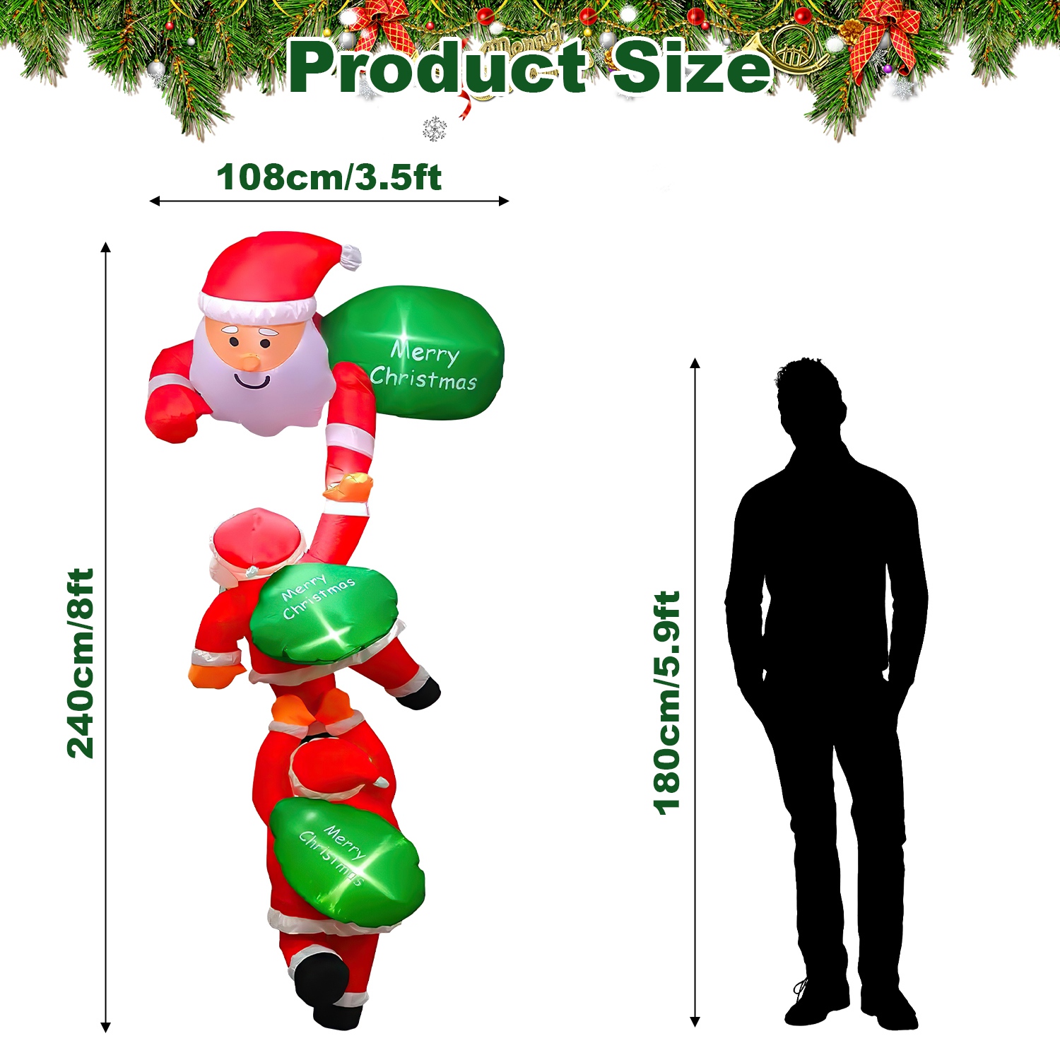 8FT Climbing Inflatable Santa Claus with Light Hanging Blow Up Christmas Inflatable Indoor Outdoor Christmas Decorations 3 Santa Claus 3 Merry Christm - Image 8