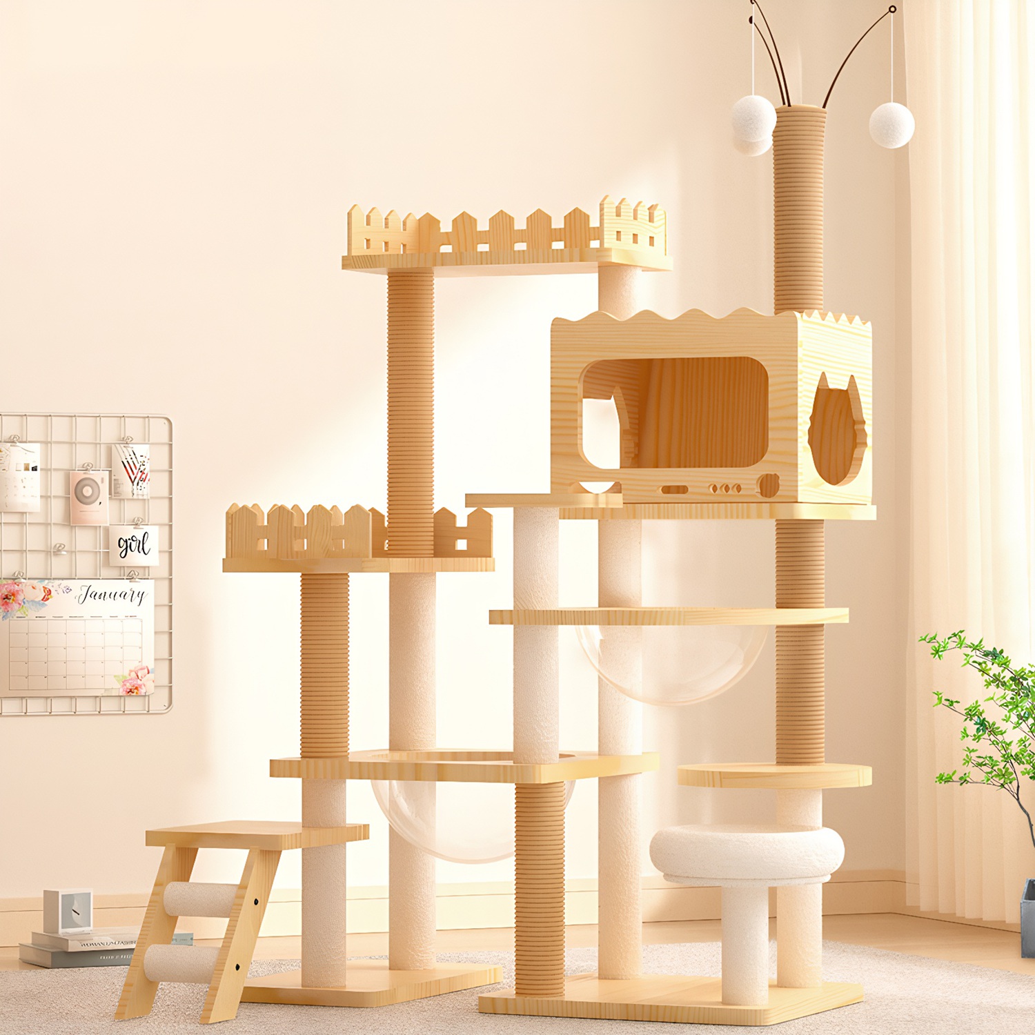 66.9" Modern Cat Tree Tower Wooden Cat Condo with 1 Cat House 2 Acrylic Capsule Sisal Scratching Posts Soft Bed Hanging Toys Multi-Level 33LBS Max Loa - Image 3