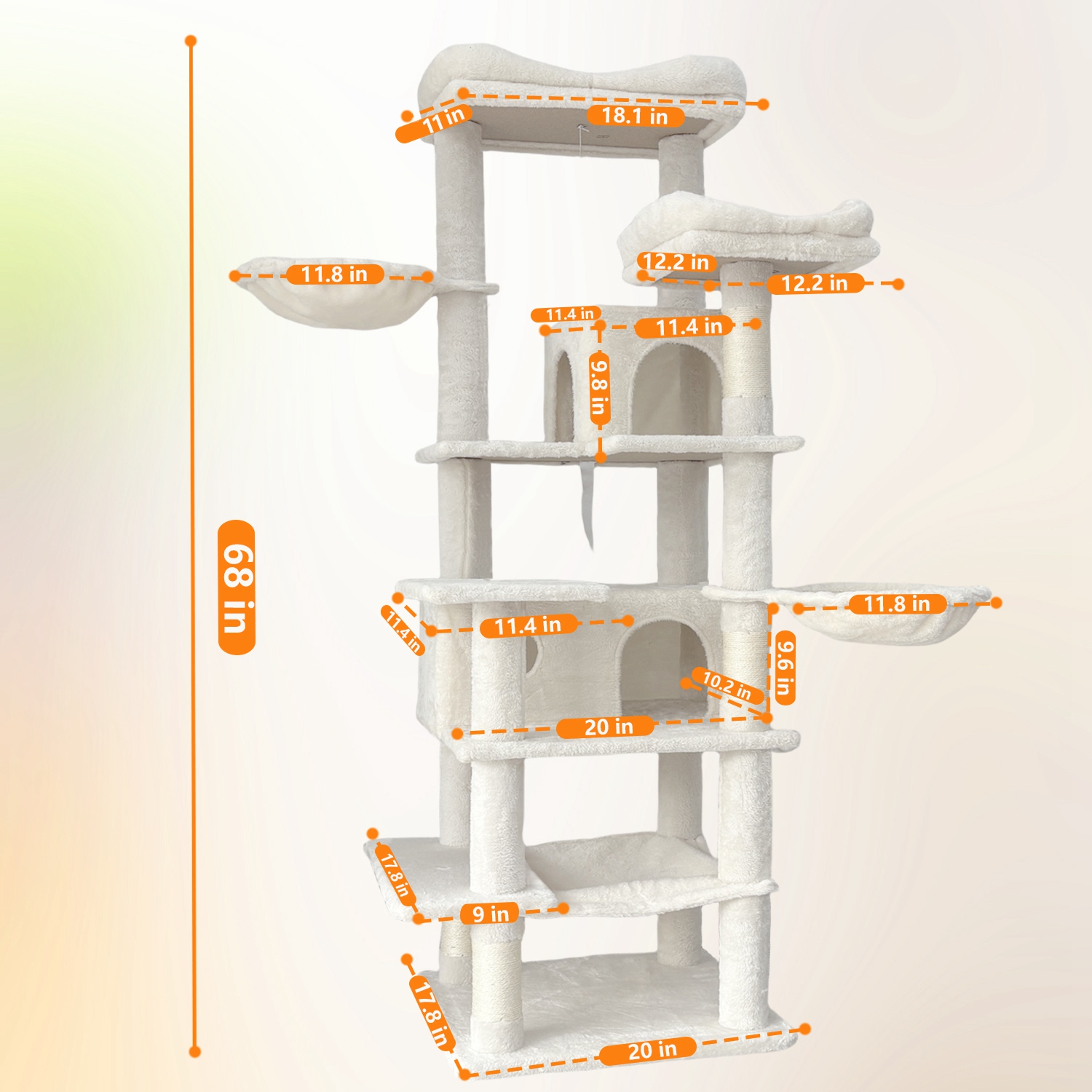 68in Multi-Level Cat Tree Tower with Hammocks, Cat Condo, Hanging Basket, Removable Cushions & Sisal Scratching Posts, Plush Cat Activity Center for I - Image 2