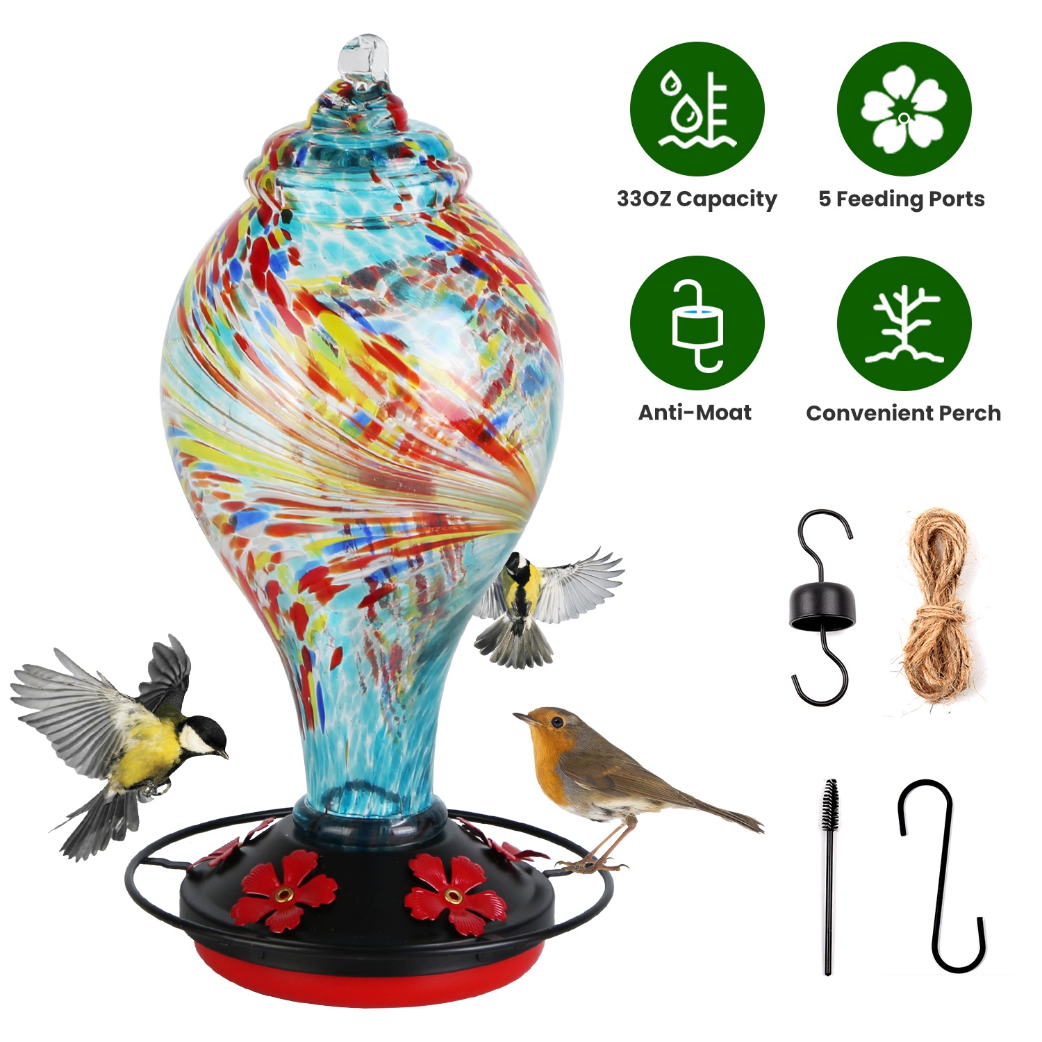 Glass Hummingbird Feeder 33OZ Hand Blown Hummingbird Feeder with 5 Flower Feeding Port Perch Ant Moat Hanging Hook S Hook Hemp Rope Cleaning Brush for - Image 8