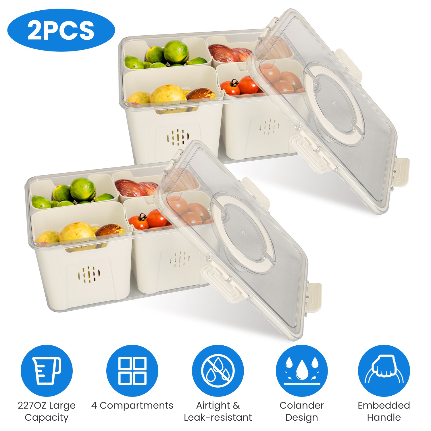 2Pack Airtight Fruit Storage Containers 4-Compartment Food Storage Containers Fruit Vegetable Organizers with 8 Removable Colanders for Fridge Picnic - Image 2