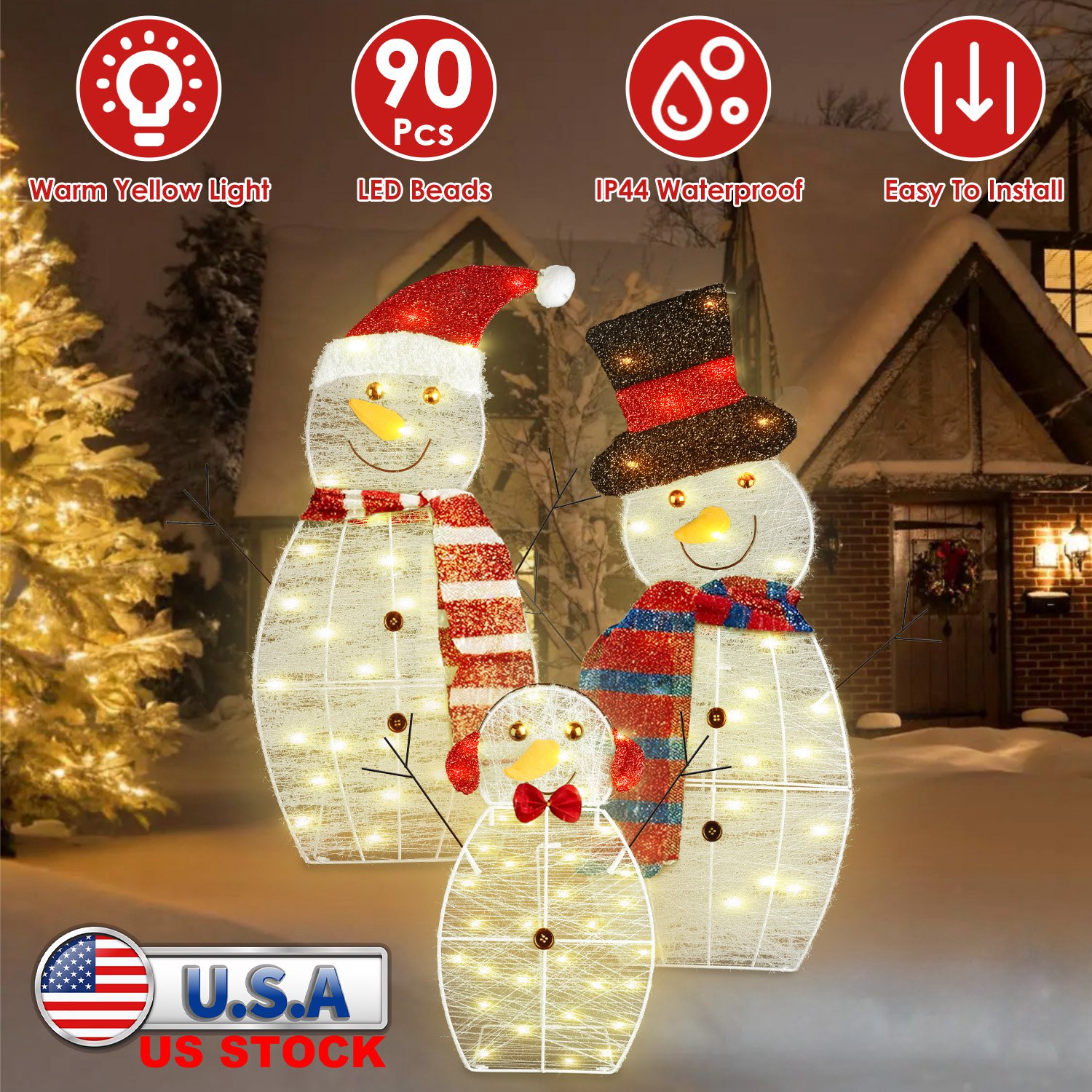 3Pcs 2D Christmas Snowman Yard Decoration Snowman Family Outdoor Decoration With 90Pcs LED Warm Yellow Lights 8 Lighting Modes IP44 Waterproof For Chr - Image 7