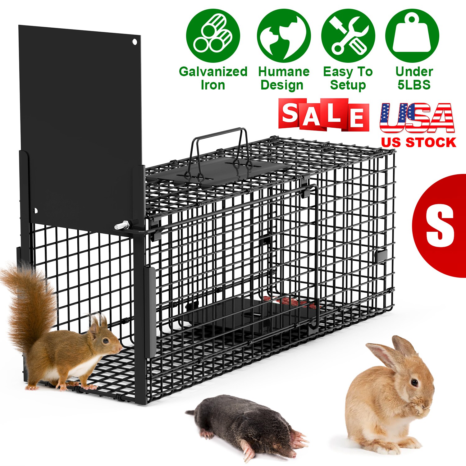 26in Single Door Live Animal Cage Trap For Animals Under 5LBS Easy To Setup Humane Galvanized Iron Trap Cage For Small Cats Rabbits Squirrels Moles Ch - Image 3
