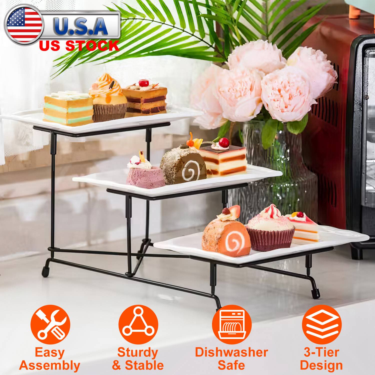 3-Tier Plastic Serving Tray Dessert Server Display Serving Stand Dinnerware with 3 Rectangular Plastic Serving Platters Metal Stand for Entertaining F - Image 5