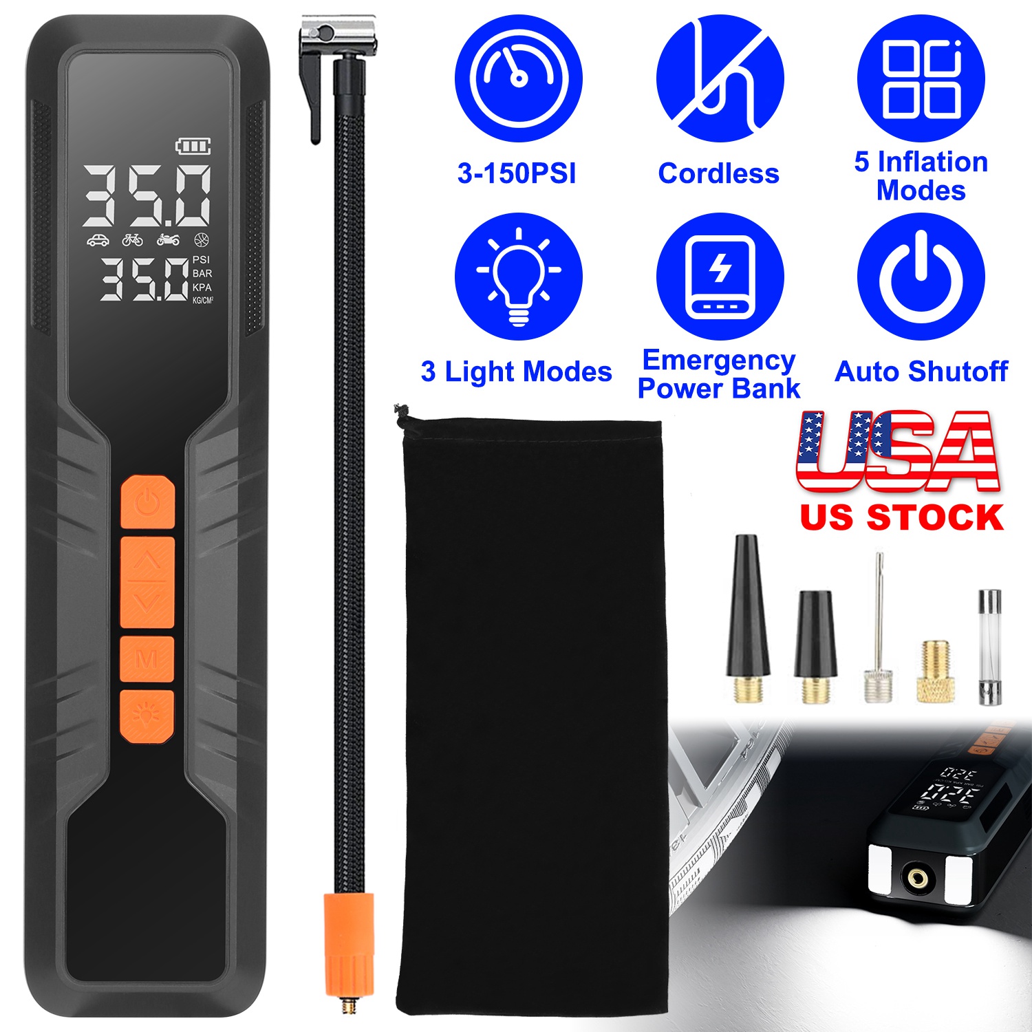 150PSI Portable Tire Inflator Cordless Digital Air Compressor Compact Air Pump with 5 Inflation Modes 3 Light Modes Emergency Power Bank - Image 5