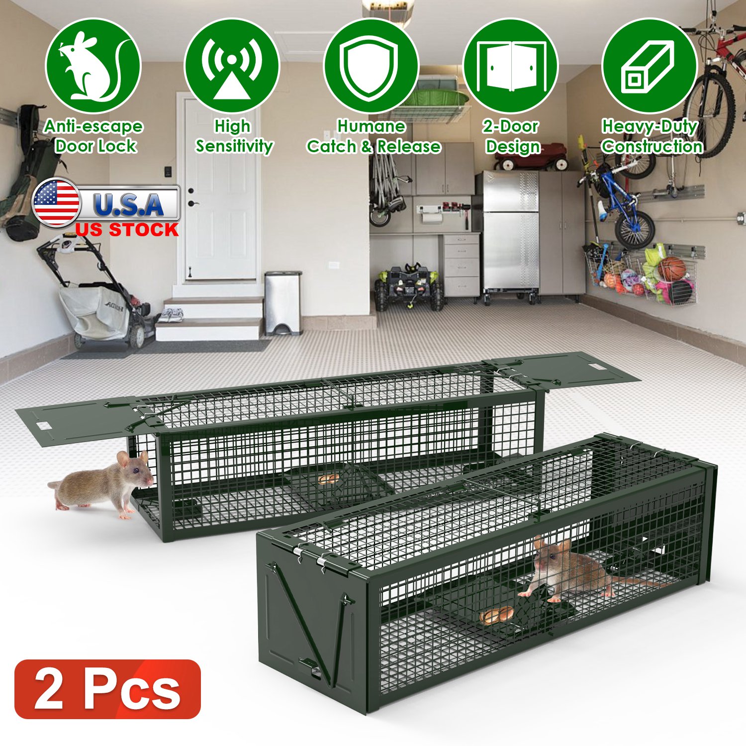 2Pack 15.35x4.72x3.94in 2-Door Humane Live Rat Trap Galvanized Iron Rodent Trap Cage Reusable for Home Garden Farm Warehouse - Image 3