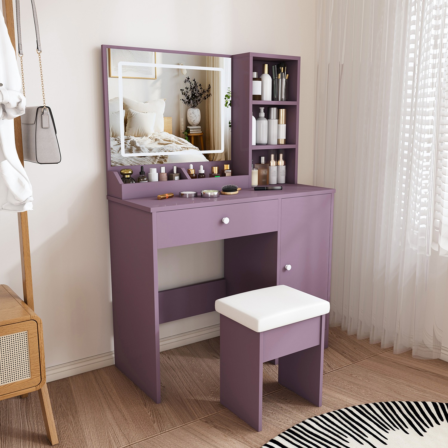 Purple Vanity Desk Set with LED Strip Lighted Mirror & Padded Stool, Modern Makeup Vanity with 3 Color Modes, Bedroom Dressing Table Combo - Image 6