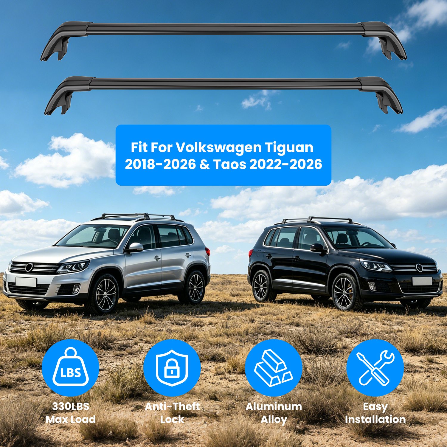 Roof Rack Cross Bars Fit for Volkswagen Tiguan 2018-2026 & Taos 2022-2026 with Factory Raised Side Rails Lockable Aluminum Roof Cargo Carrier Bars 330 - Image 6
